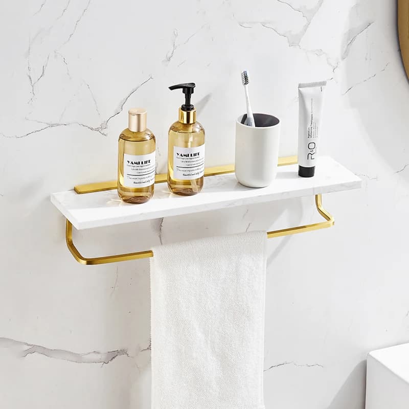 Mensola da bagno Porta asciugamani Mensola da bagno per doccia a parete Porta shampoo da bagno in alluminio spazzolato e marmo in oro