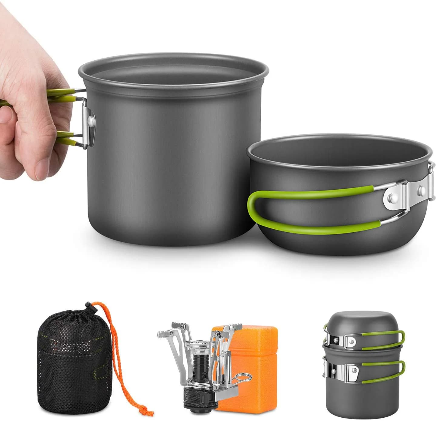 Kit of camping pots with stove Outdoor kitchen set with knife fork spoon Pentola outdoor dining table Kitchen Hiking Picnic BBQ