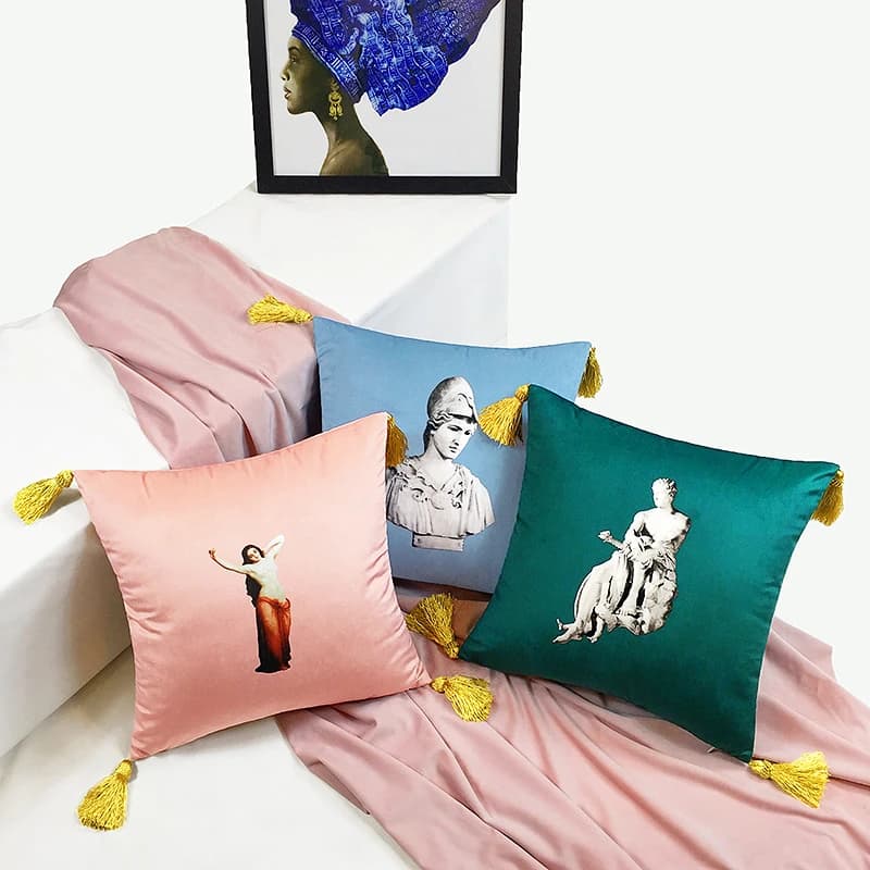 Fodere per cuscini nordici con nappe dorate, cuscino in velluto, moda lombare del divano, accessori per la decorazione della casa