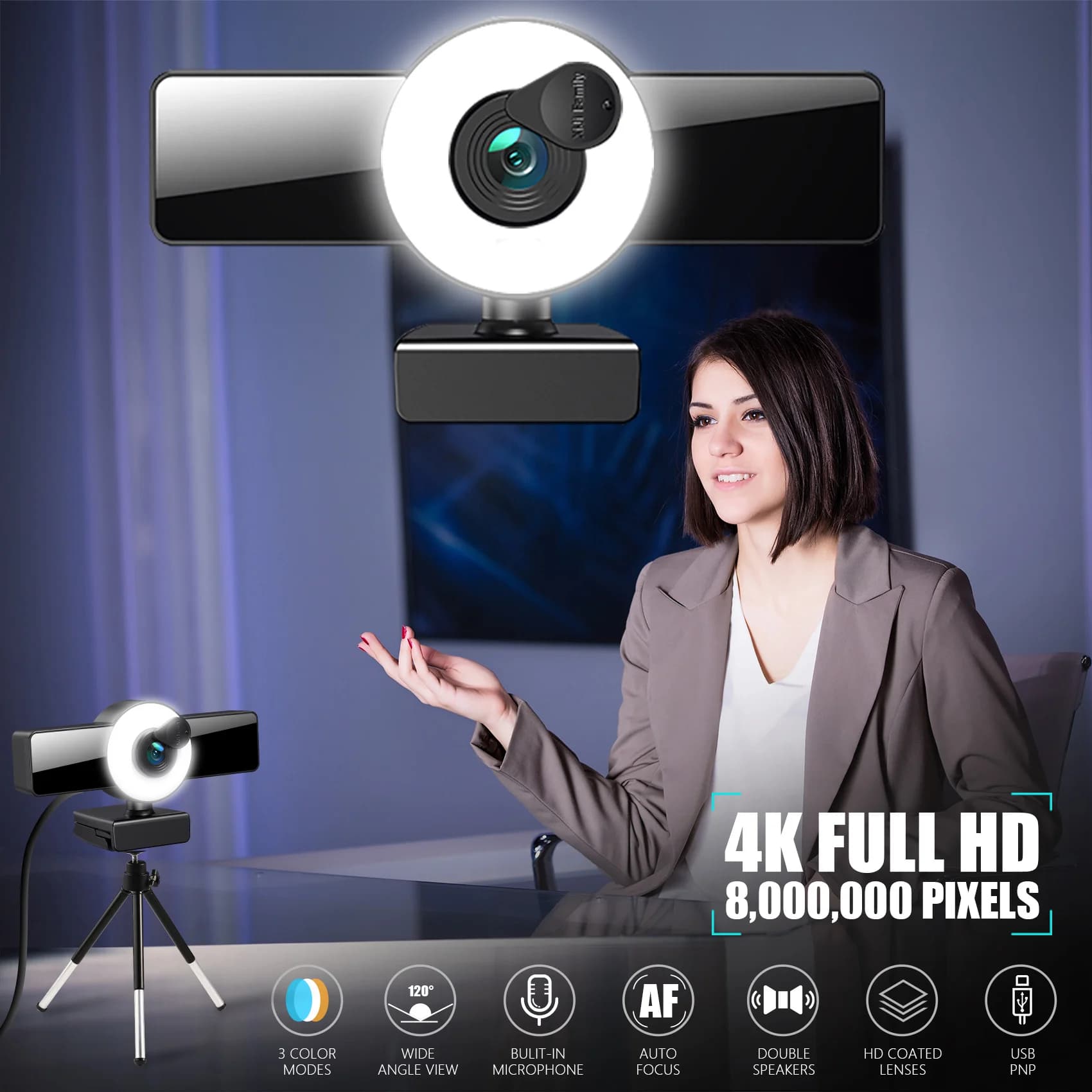 Webcam 8K Full HD 4K with microphone, autofocus, USB, for PC, laptop, for live broadcasts on YouTube