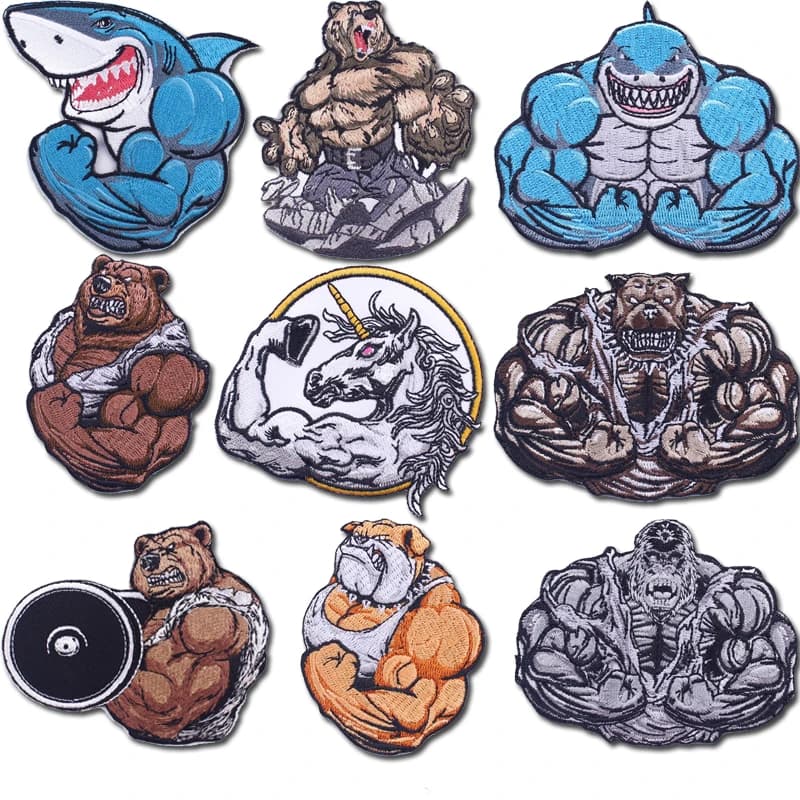 Toppe per applique per fitness sportivo Toppe ricamate per animali per adesivi per abbigliamento Distintivi per toppe muscolari orangutan/orso/squalo/scavallo