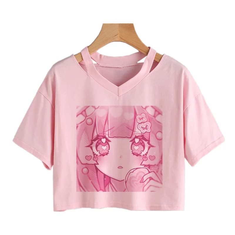 Moda donna Abiti carini kawaii Stampa Tee Punk T-shirt a maniche corte Casual Allentato Rosa Anime Grafica con scollo a V Crop Top streetwear