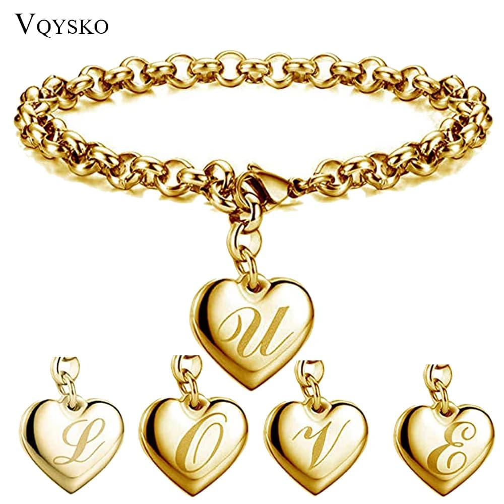 Braccialetti con ciondoli a forma di cuore con alfabeto iniziale color oro per donna Bracciale a catena a maglie in acciaio inossidabile con gioielli incisi da 26 lettere