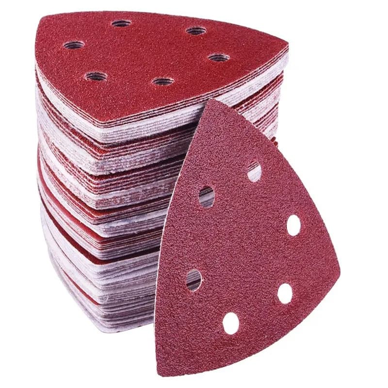 10 pz fogli abrasivi 90*90mm 6 fori triangolo carta vetrata ossido di alluminio gancio e anello disco abrasivo abrasivo per levigatura del legno