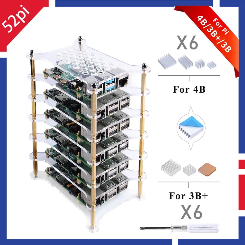 52Pi new transparent 6-layer transparent/dark brown acrylic case with heat sink screwdriver for Raspberry Pi 4 B / 3B + / 3B / 2B / B +
