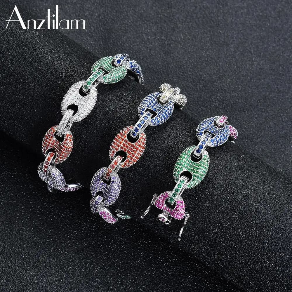 Anztilam 12MM Big Coffee Beans Cuban Link Necklace Iced Out Men Hip hop Jewelry Copper AAA CZ Gold Color Chain Necklace