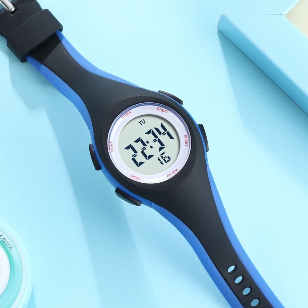 OHSEN Kids sports watches Silicone electronic wristwatch blue waterproof 50M chronometer Digital watch for girls