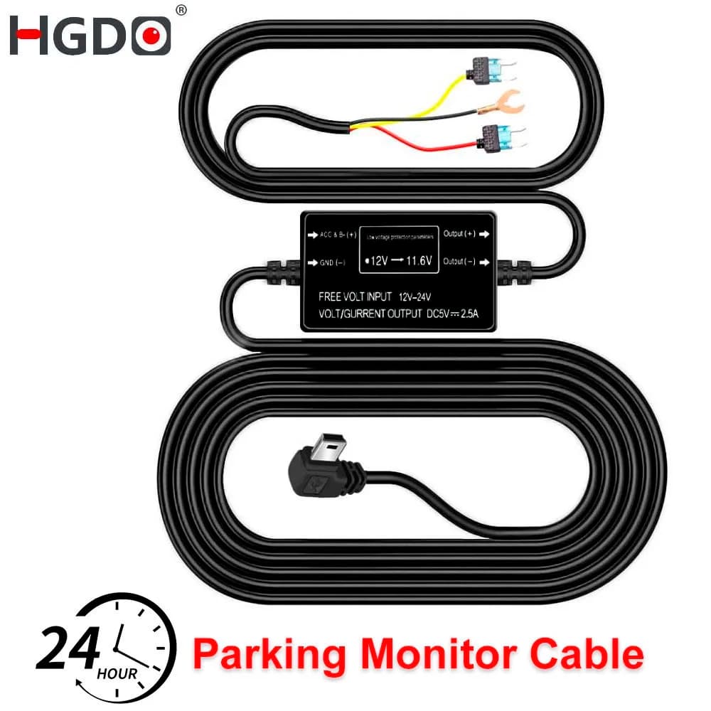 HGDO Dash Cam Rigid Wire Kit Mini USB DC 12/24V to 5V Car Charger 3A 24H Parking Monitor Buck Line for GPS Dvr Recorder