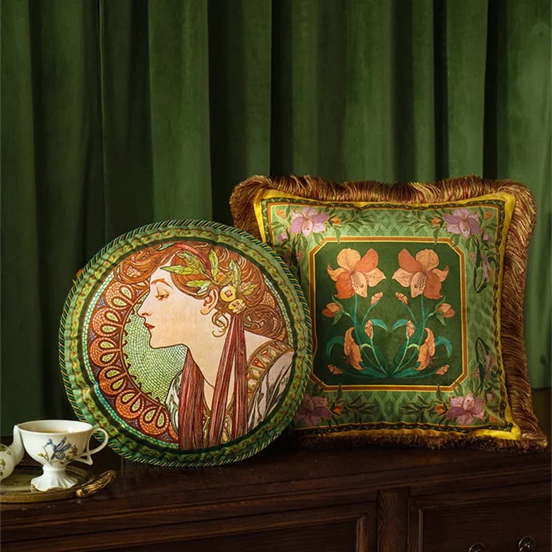 Square Decorative Cushion Covers for Sofa Couch, Throw Pillow Cases, Dark Green Art, Alphonse Maria Mucha, 18x18 Inches