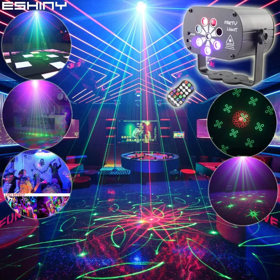 ESHINY R9N6 Luce da Discoteca a 9 Lenti DJ RGB UV LED, Proiettore Laser R&G con 120 Motivi, Lampada Effetto per Feste di Compleanno, Bar e Sale da Ballo