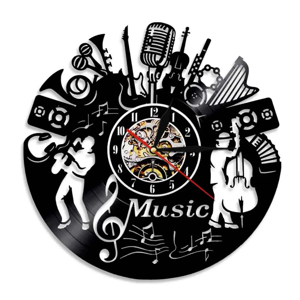 Music Band Vinyl LP Record Wall Clock Rock N Roll Album Artwork Music Instruments Silent Non Ticking Clock Home Decor Wall Watch