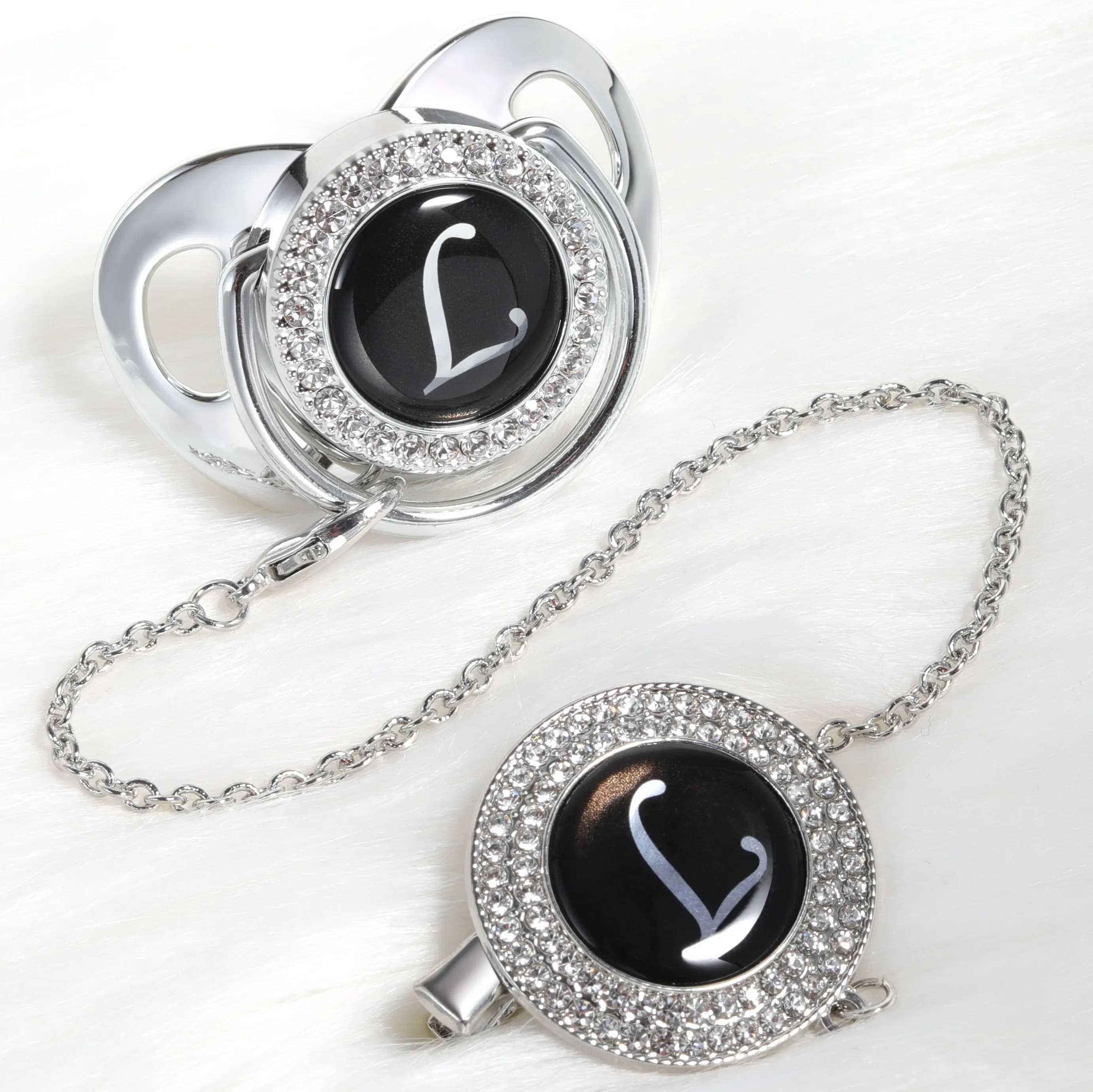Clip ciuccio catenelle portaciuccio ciuccio personalizzato clip per ciuccio Ciuccio argento Bling Baby ciuccio Clip 26 lettere iniziali BPA manichino gratuito Design unico approvazione SGS PWBC chupetes de lujo