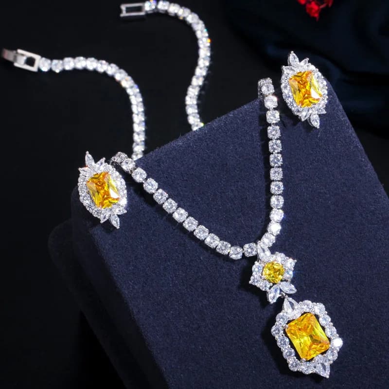 BeaQueen Noble Trendy Yellow Princess Cubic Zirconia Costume Earrings Necklace Wedding Jewelry Sets for Brides Bridesmaids JS260