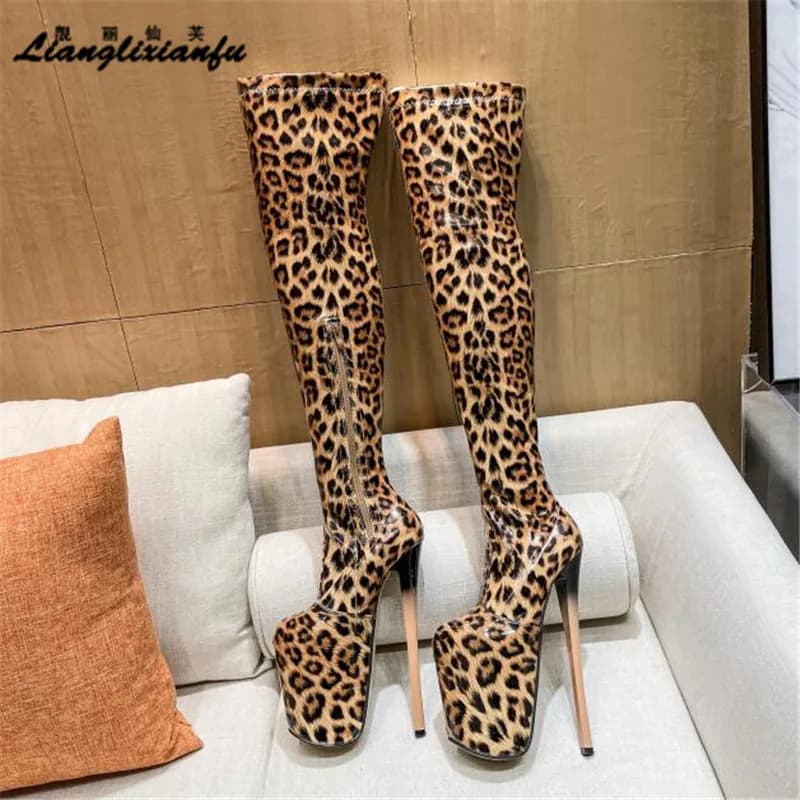 Corssdresser Stampa leopardata Moto Botas Mujer Stivali lunghi sopra il ginocchio Scarpe con plateau Donna 20 cm Tacchi sottili Party 22 cm Pompe