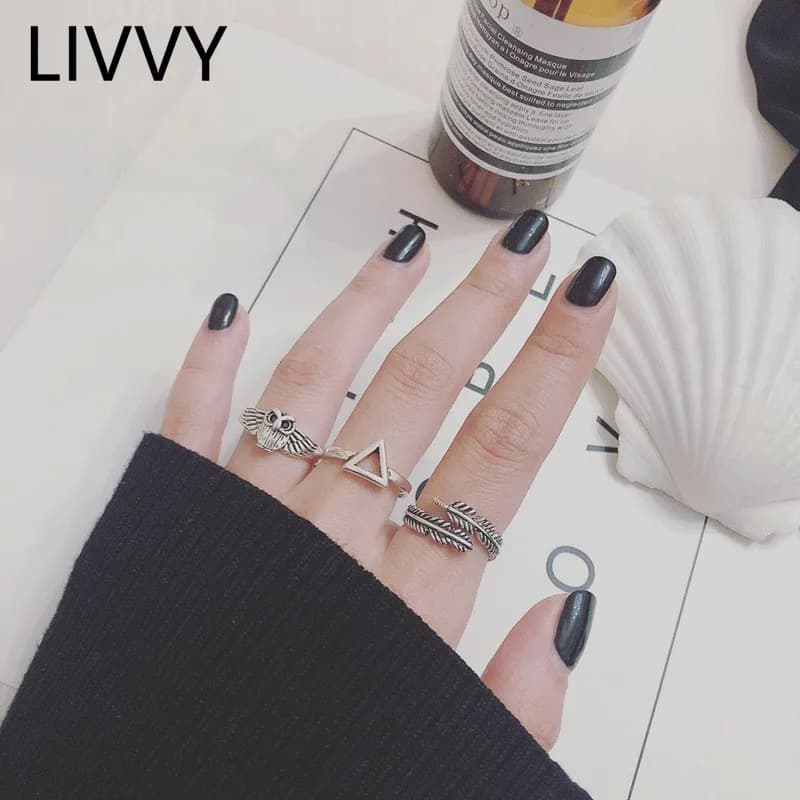 LIVVY Silver Color Open Rings Owl Feather Hollow Triangle For Women Men Thai Silver Rings Retro Jewelry Gifts