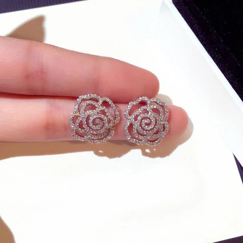Fashion Camellia Crystal Flower Rose Stud Earrings For Women