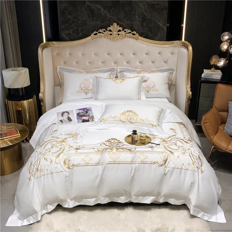 Queen Super King bed linen set size white Egyptian cotton embroidery gold duvet pocket deep blue with corners