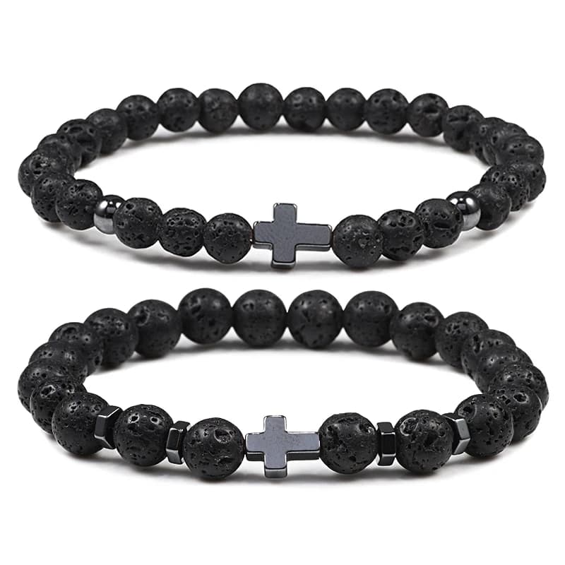 6mm 8mm Women Men Prayer Beaded Bracelet Hot Hematite Cross Natural Wood Beads Lava Stone Onyx Meditation Bracelets Yoga Jewelry