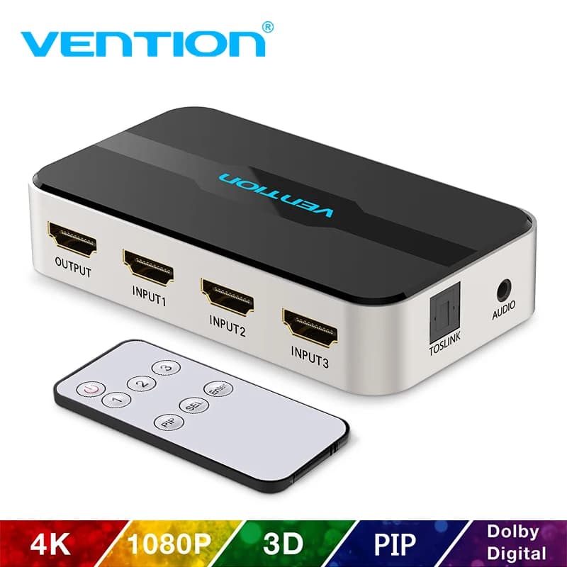 Vention HDMI Splitter 3x1 4K 3-Port HDMI Switcher in 1 HDMI output with Toslink 3D 2160P audio for Xbox 360 PS4 Smart TV