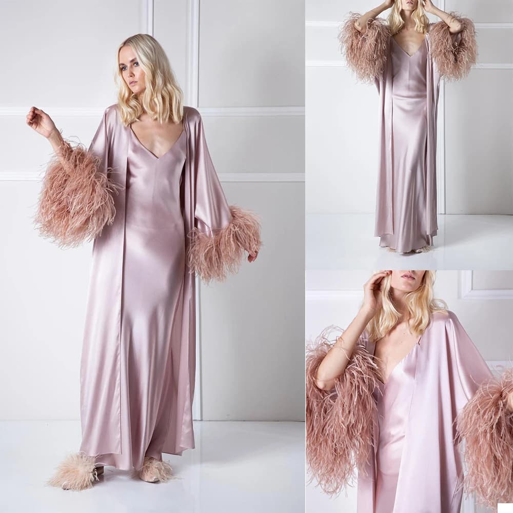 Celebrity dresses with ostrich feathers Long sleeves 2 pieces Sexy wedding pyjamas set Party dresses Custom dresses