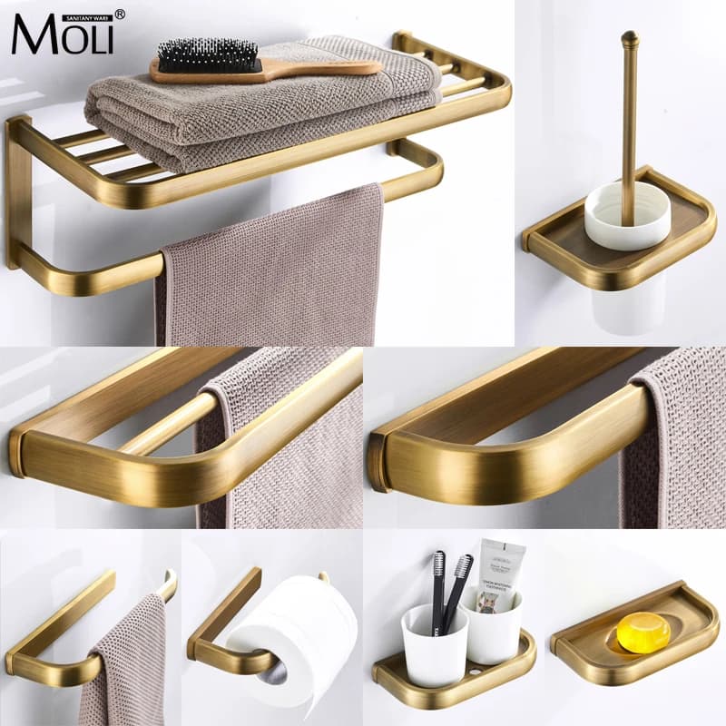 Soild ottone antico accessori bagno set di asciugamani mensola bar gancio rack di carta igienica supporto di spazzola specchio box hardware