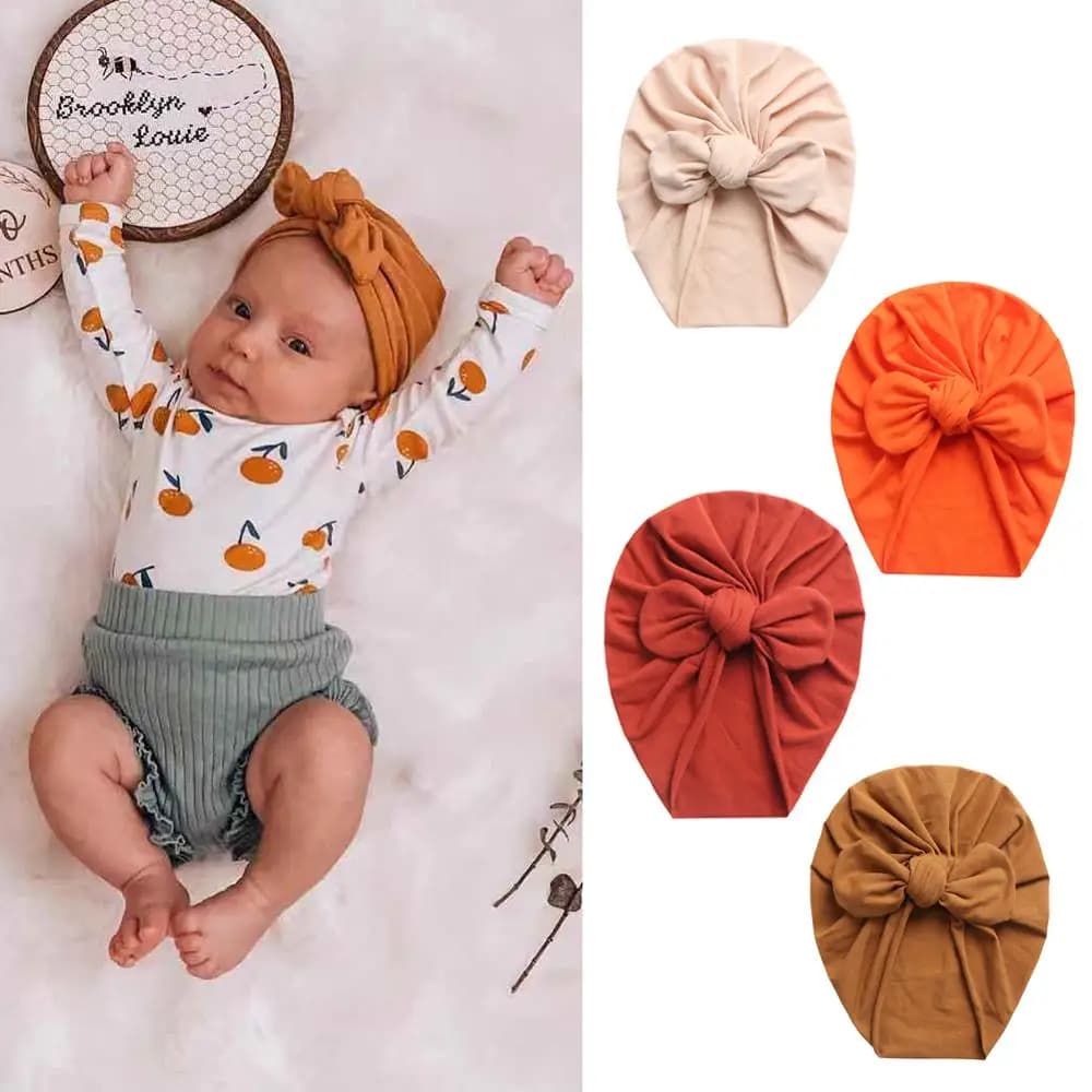 Berretti in cotone solido per bambini Cappelli turbante con fiocco per orecchie da orso carino Dolce morbido 0-4T Berretti elastici per neonate appena nati Copricapi