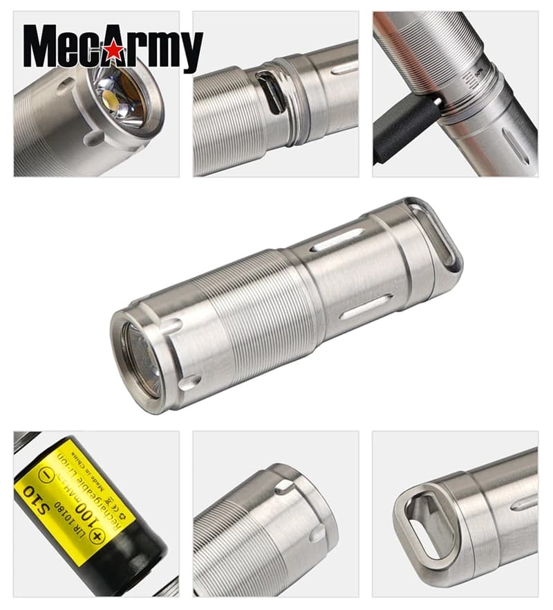 MecArmy X2S Portachiavi Luce 130 Lumen Ricarica USB Mini Torcia in acciaio inossidabile Torcia LED Batteria 10180 integrata