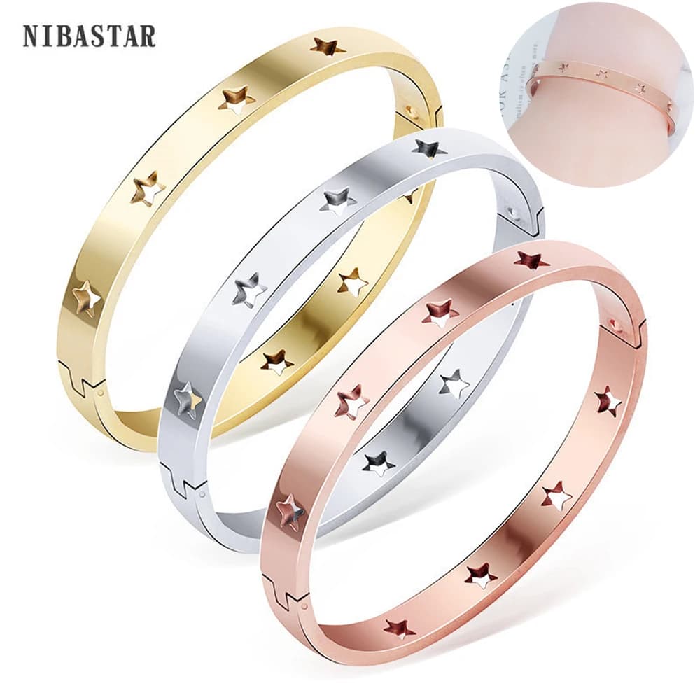 NIBASTAR Hollow Star bracciali e braccialetti per le donne moda in acciaio inossidabile dolce braccialetto romantico regalo di gioielli Color oro rosa