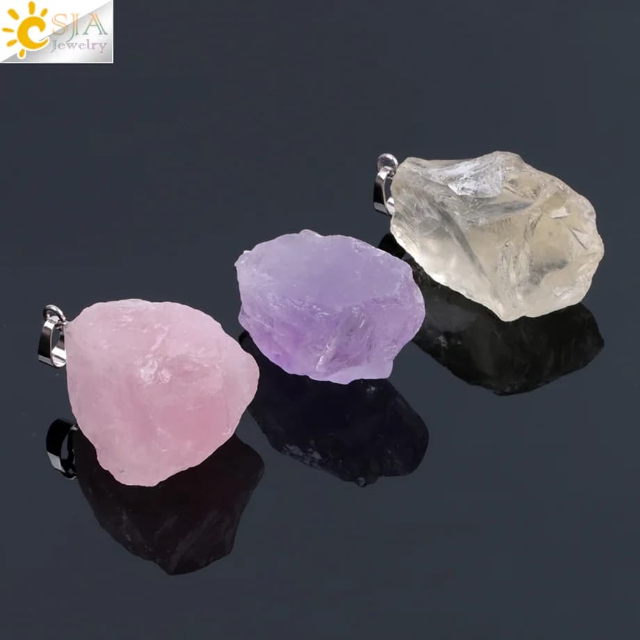 CSJA Pietre naturali Gemme Pendenti in cristallo trasparente Collane Guarigione Reiki Irregolare Bianco Giallo Viola Rosa Quarzo Pendolo F070
