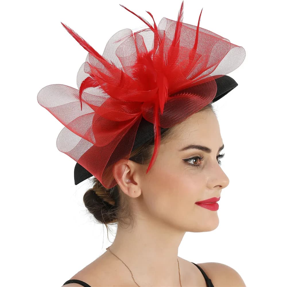 Fascinator da donna a tesa larga con fiocco rosso Accessori Hait per la cerimonia nuziale in chiesa Festa Cheapeau Cap Ladies Event Big Headpiece
