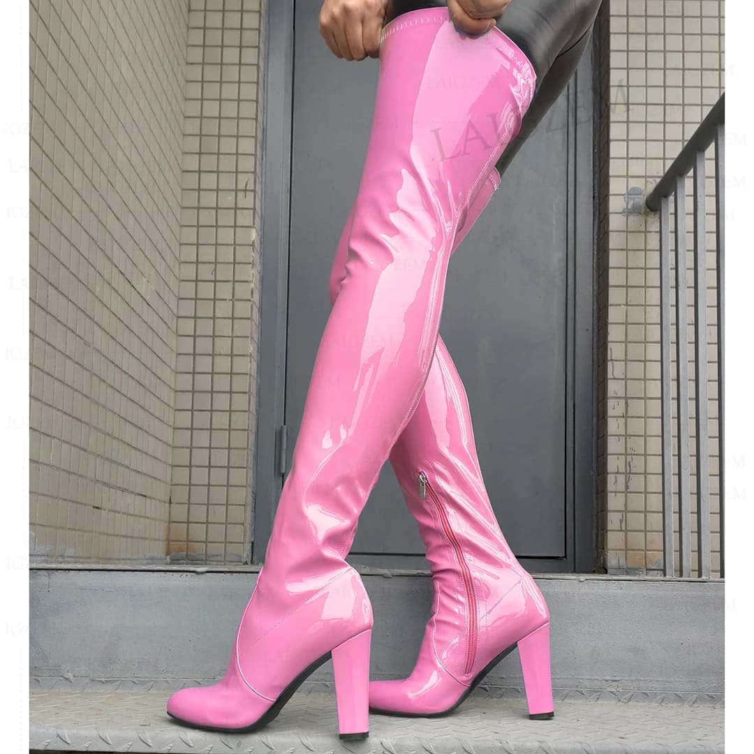 Laig[stivali sopra le donne punta tonda Zip laterale lucida tacchi alti spessi stivali alti alla coscia scarpe fatte a mano donna taglia grande 41 43 52