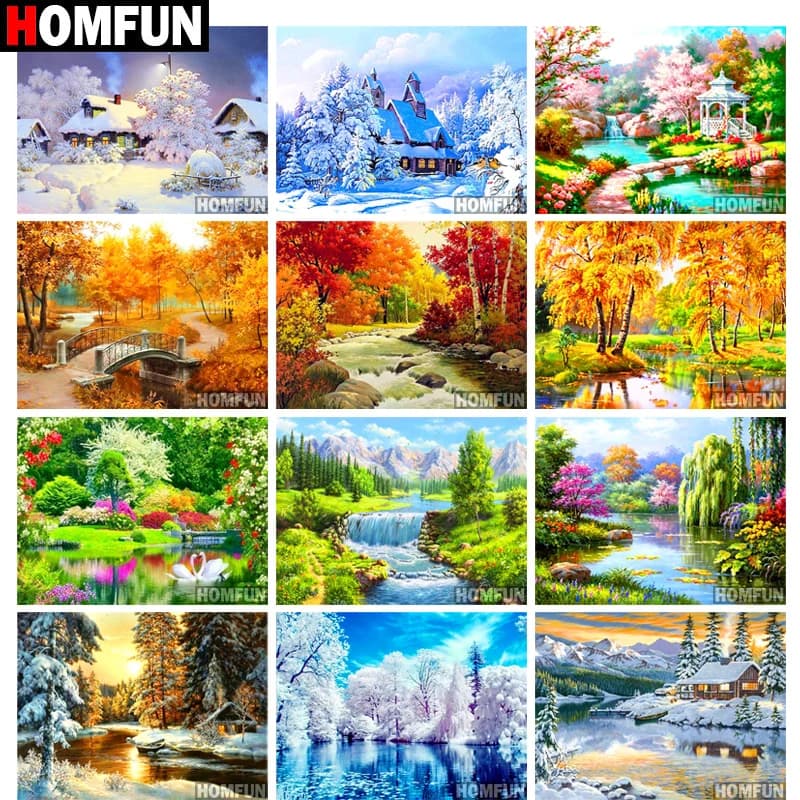 HOMFUN Pittura Diamante Pieno Quadrato/Rotondo Trapano 5D FAI DA TE "Scenic Primavera Inverno" Daimond Ricamo Strass Punto Croce Decor