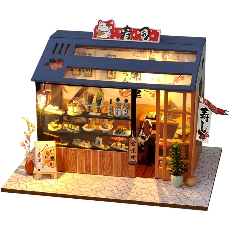 Casa delle bambole in legno fai-da-te assemblata Sushi Dessert Shop in miniatura con mobili Casa delle bambole Casa Giocattoli per bambini Regali per adulti