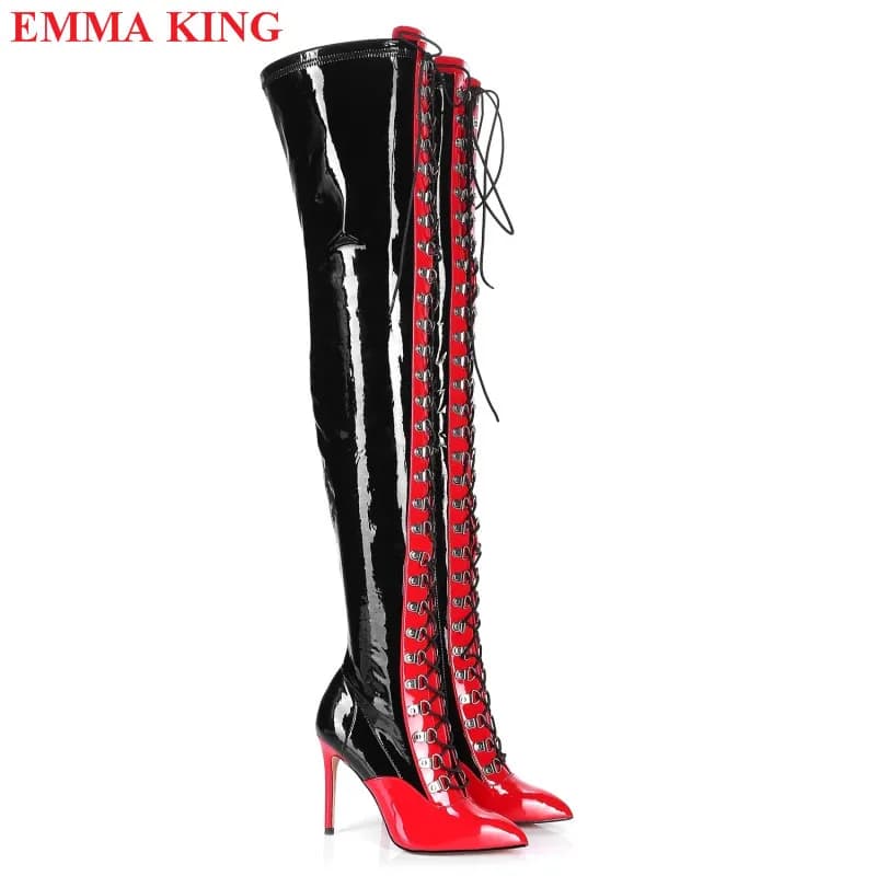 Stivali sopra il ginocchio in pelle lucida nera rossa invernale Stivali da donna con lacci a spillo Stivali alti alla coscia Moda Scarpe con tacco alto da donna