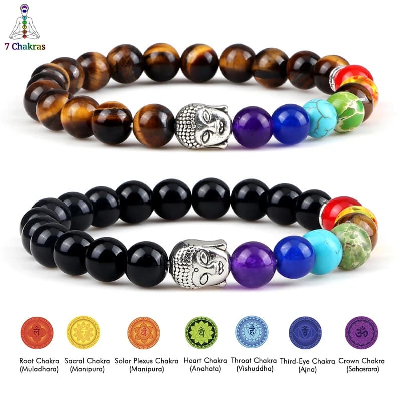 Elastico 7 Chakra Guarigione Braccialetti di Perline Pietra Naturale Occhio di Tigre Onice Braccialetti di Filo Uomini Donne Reiki Buddha Equilibrio Gioielli