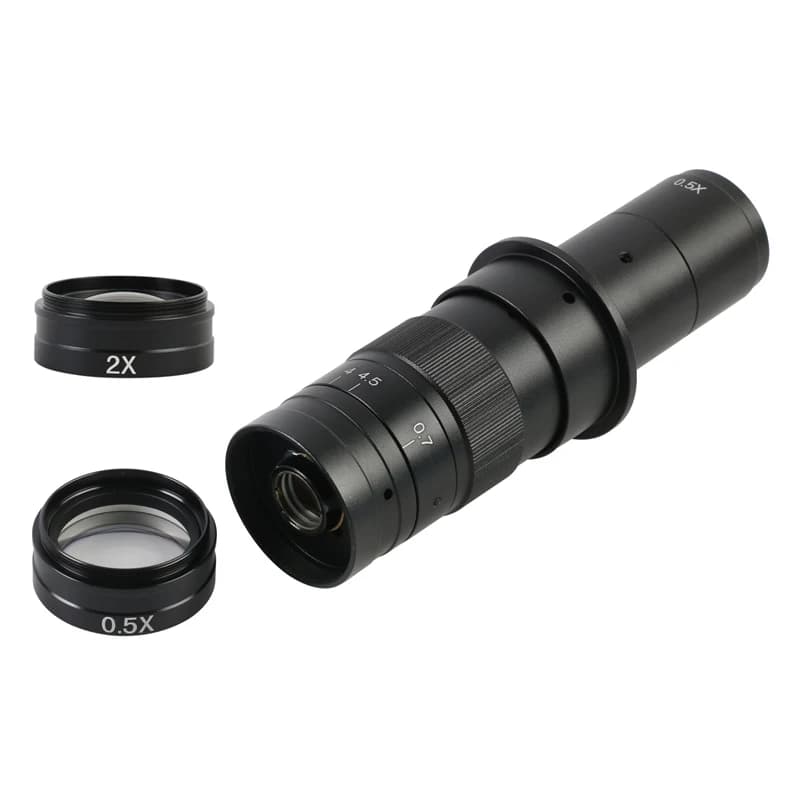 Objective with Adjustable Zoom 5X-360X with C connection, Barlow 0.5X 2.0X Ausiliary lens for HDMI VGA USB Industrial Microscopes