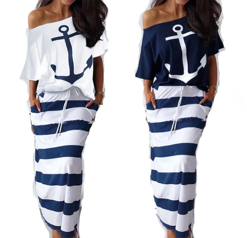 Fanbety donna sexy spalle scoperte Set di due pezzi vestito Camicie con stampa di ancoraggio a barca Set di abiti a righe Abito casual alla caviglia da donna