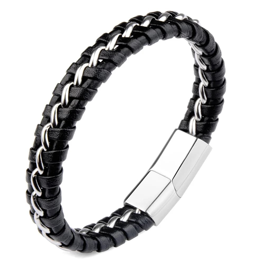 White Single Stripe Leather Bracelet Stainless Steel Magnetic Clasp Charm Simple Fashion Bangles Accessories For Male
