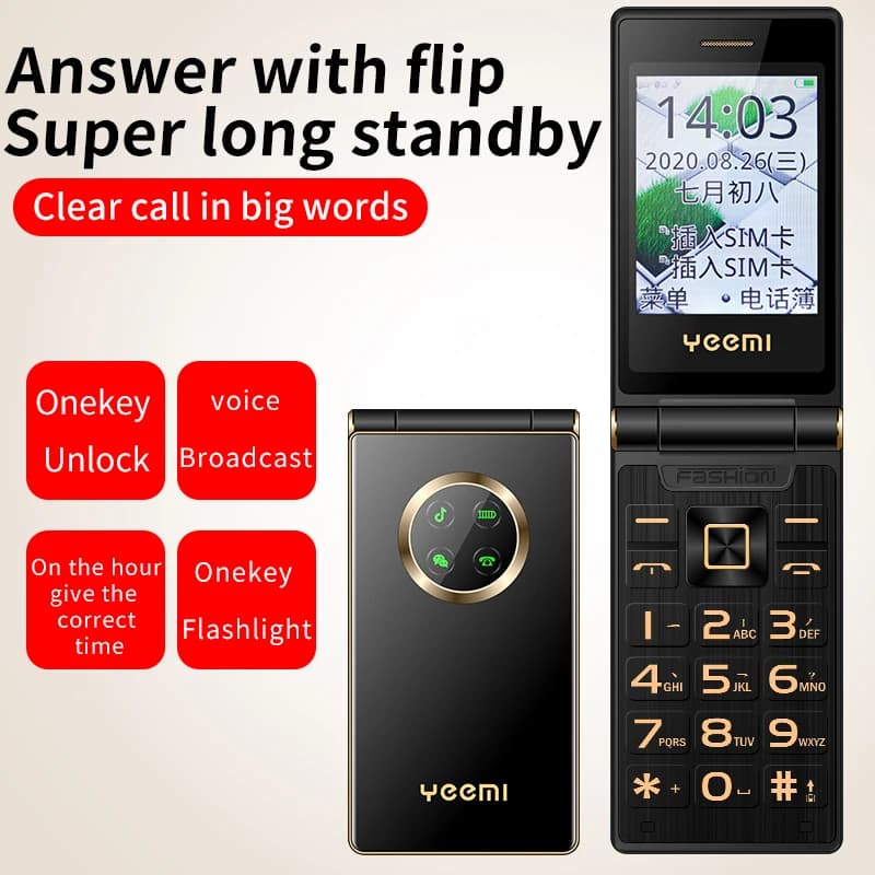 Cellulare a conchiglia per anziani con lunga durata della batteria, tasti grandi, SOS, chiamata rapida, blacklist, torcia, Dual SIM