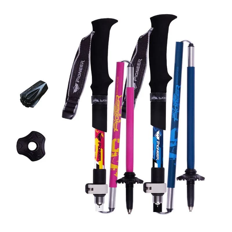 Bastone da passeggio pieghevole per escursionismo Pioneer Fibra di carbonio leggera Alluminio 3 + 2 parti Blocco esterno Arrampicata in montagna all'aperto