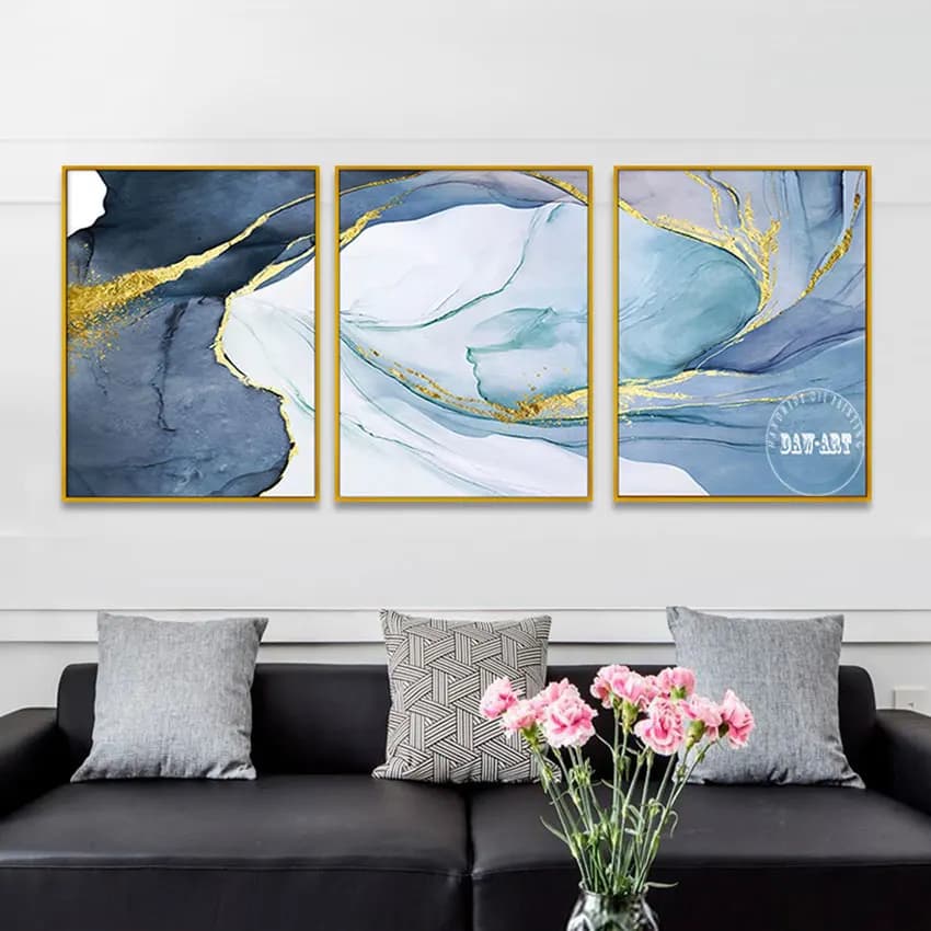 Abstract painting in gold foil, canvas design, 3 pieces, large contemporary acrylic image, frameless, wall decoration for living room