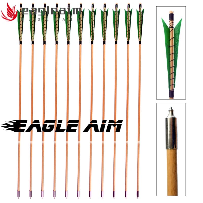 6PK 32inch Green Medieval Wooden Arrows Handmade Shaft 3PCS Vanes Practice Targeting Arrow Archery For Recurve Longbow Hunting