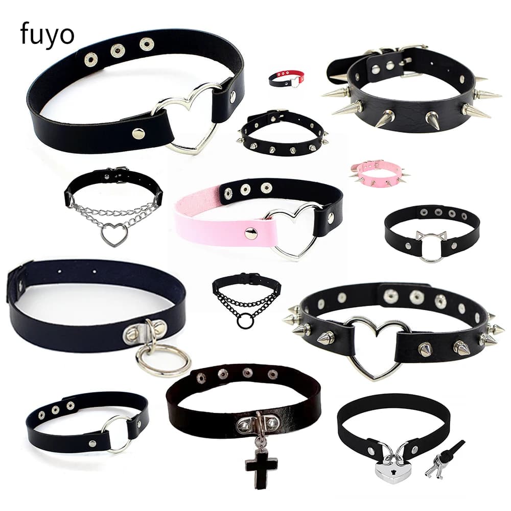 Collana da donna in pelle con colletto girocollo punk a forma di cuore Accessori gotici Cintura da collo con rivetti a spillo regolabili Catene di gioielli sexy per feste