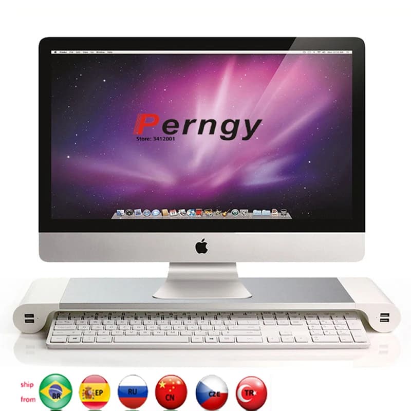 DL-TC1 Monitor da tavolo in alluminio Supporto per laptop per notebook Barra spaziale Riser da scrivania antiscivolo con 4 caricabatterie USB per iMac MacBook Pro
