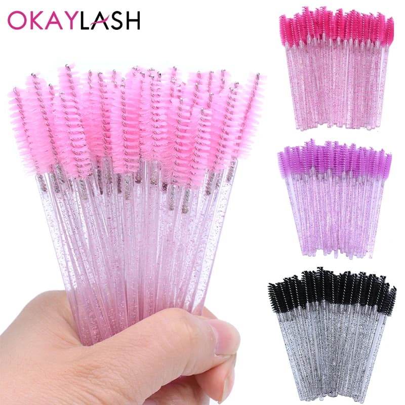 50 pcs disposable Micro Glitter eyelashes Mascara wands Mini crystal eyelash brush comb eyebrows Spoolies makeup tools beauty