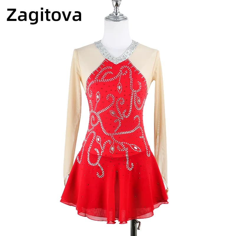Zagitova Figure Skating Dress Girls Women Ice Skating Skirts Red Long Sleeve Performance Rhinestone Costume