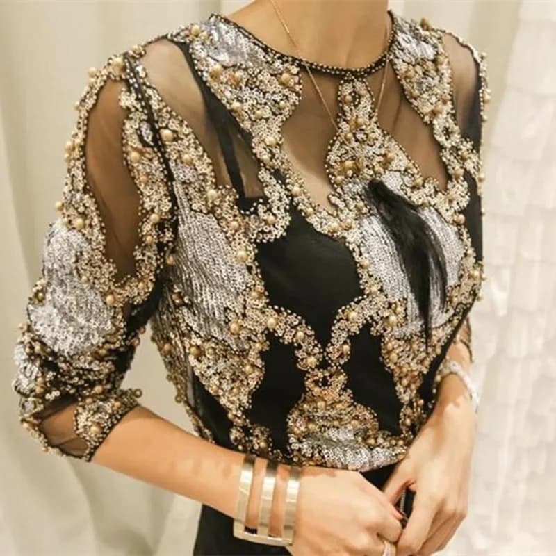 Sidaimi Donne di Lusso Paillettes di Cristallo Ricamo Top di Pizzo Geometrico Perline Pesanti Camicie Sexy Blusas Camisa Club Hollow Top