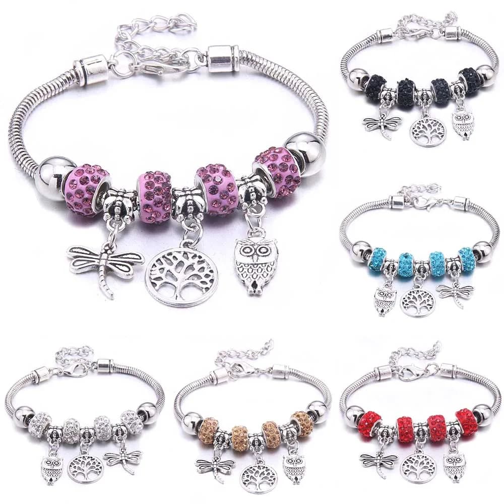 Dropshipping libellula gufo forma braccialetti con ciondoli in cristallo braccialetto di perline donne perline fai da te braccialetti di marca regalo di gioielli