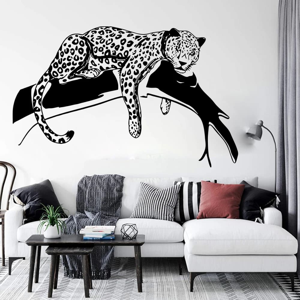 Cartone animato leopardo in un albero adesivo da parete per bambini camera per adolescenti animale della giungla tigre gatto ramo adesivo da parete sala giochi vinile decorazioni per la casa