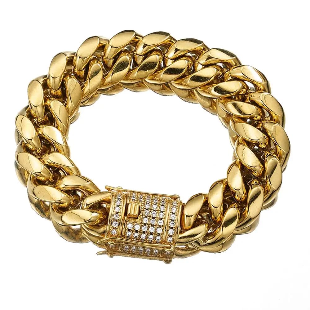Bracciale da uomo a catena a maglie cubane con cordolo in acciaio inossidabile tono argento/oro con chiusura CZ